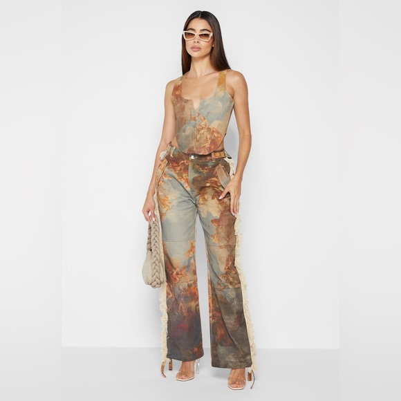 Maniere De Voir Pants - Manière De Voir Art Corset Top & Mid Rise Art Cargo Pants With Tassels Set